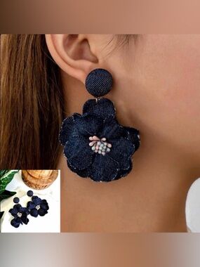 2/$30🌵 Dark Blue Denim Flower Jumbo Earrings Jean Zara Garden Jewelry NEW